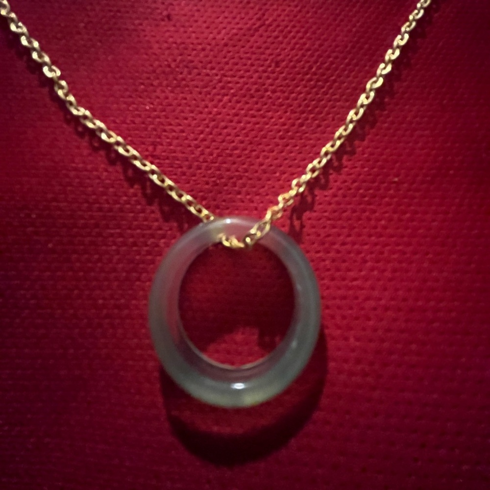 Hand Crafted Green Agate Ring on Gold Chain Necklace Handmade Hand Made